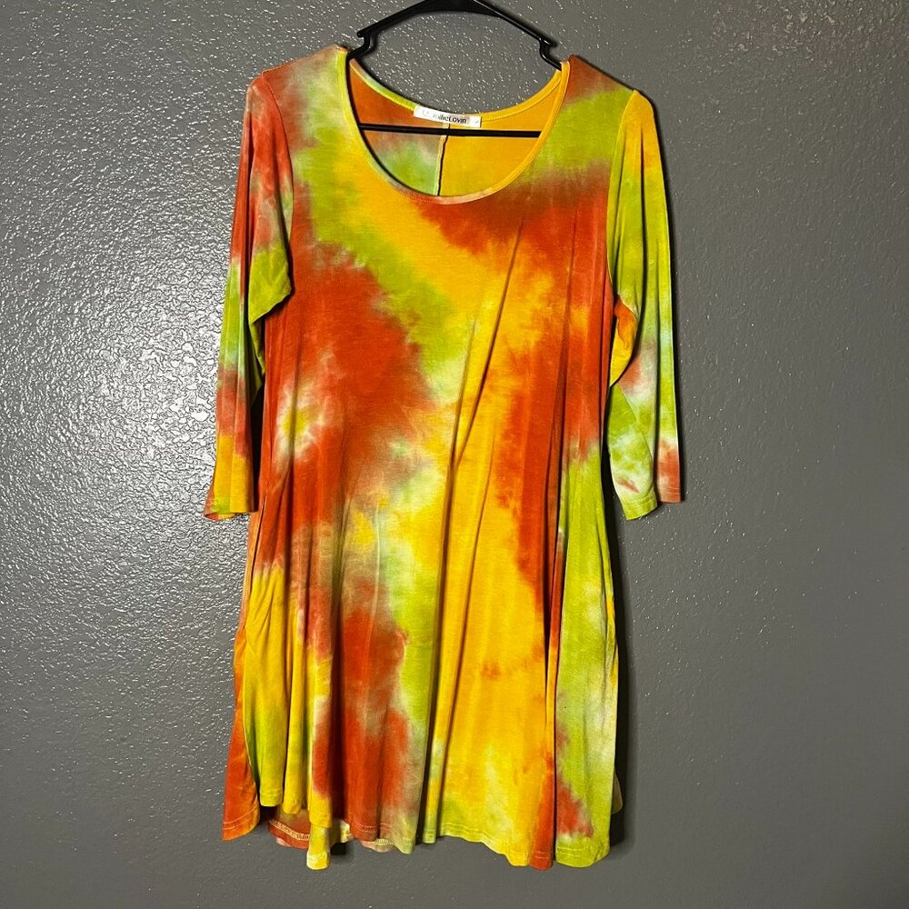 JollieLovin Tie-Dye Pocket Tunic Dress 3/4 Sleeve Women’s Small